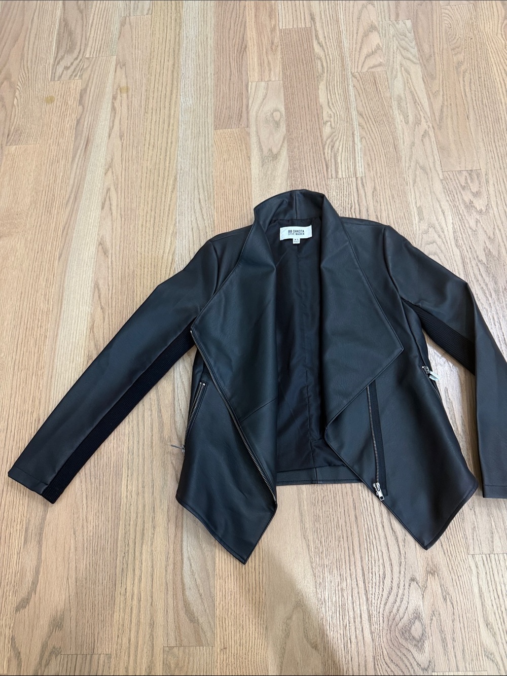 BB Dakota by Steve Madden Black Faux Leather Draped Open-Front Jacket